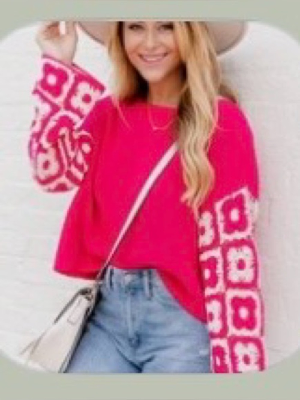 Pink Lily Fuchsia Crewneck Sweater with Cream Crochet Sleeves
